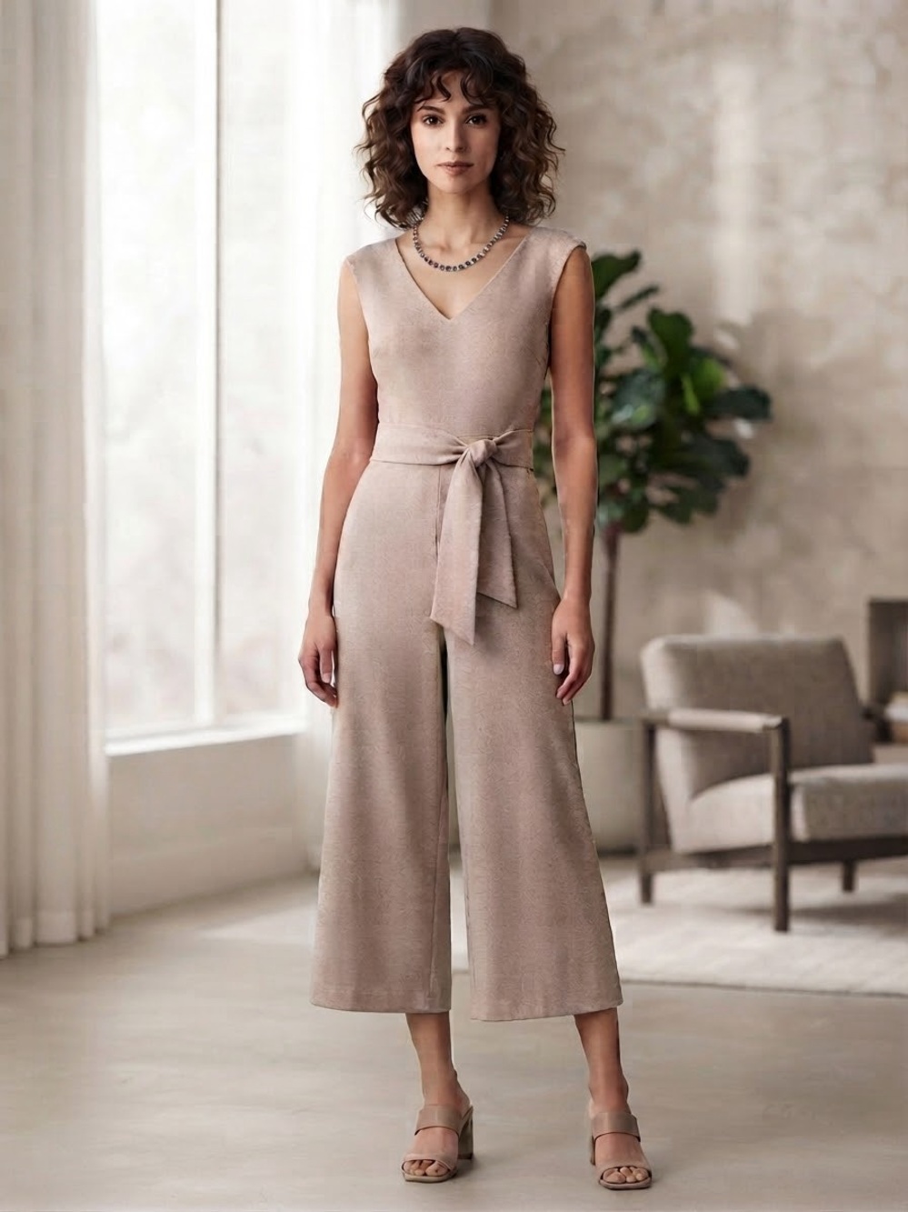 connected apparel Taupe Sleeveless V-Neck Tie-Waist Wide-Leg Jumpsuit